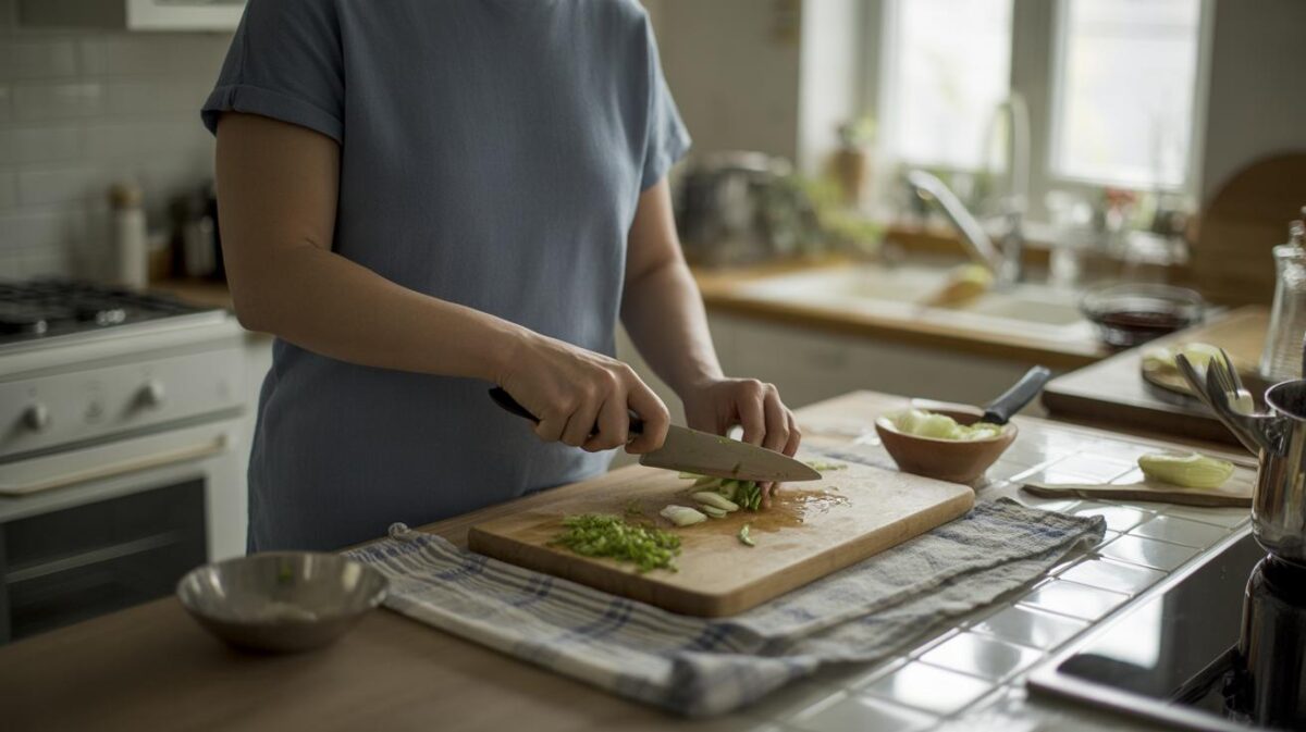 Een vochtige theedoek onder de snijplank elimineert definitief het probleem dat iedereen haat bij het koken